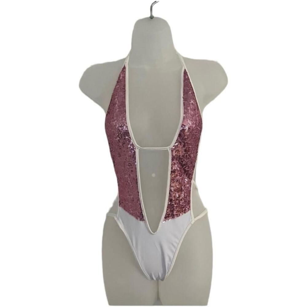 Women's White and Pink Sequin One-Piece exotic dance wear